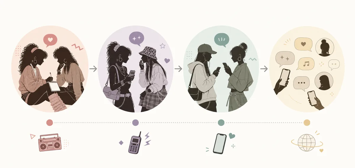 ギャル語を年代と会話シーンで分けるタイムライン風イメージ